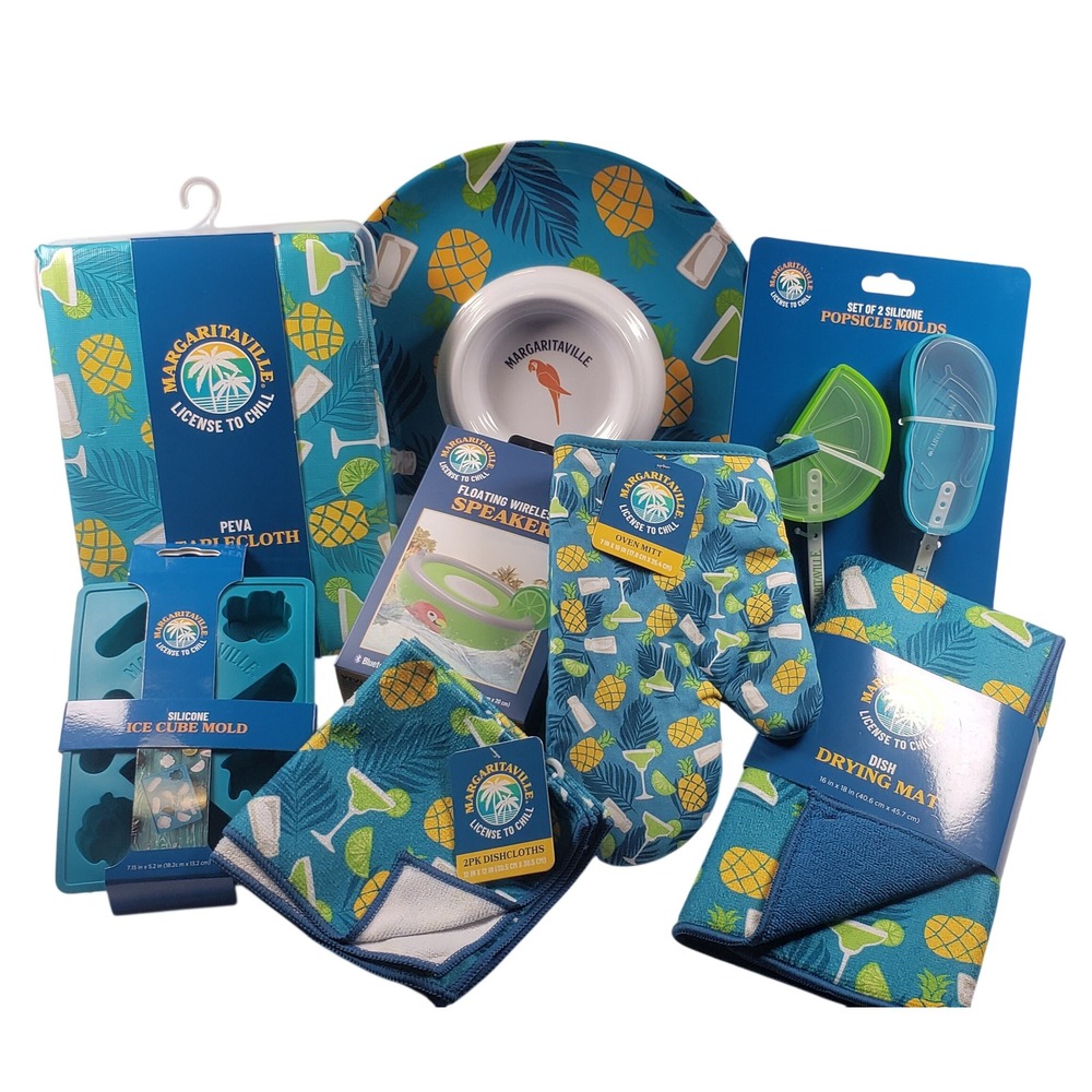 Margaritaville 8PC Kitchen & Pool Bundle SPEAKER Tablecloth Ice & Popsicle Molds